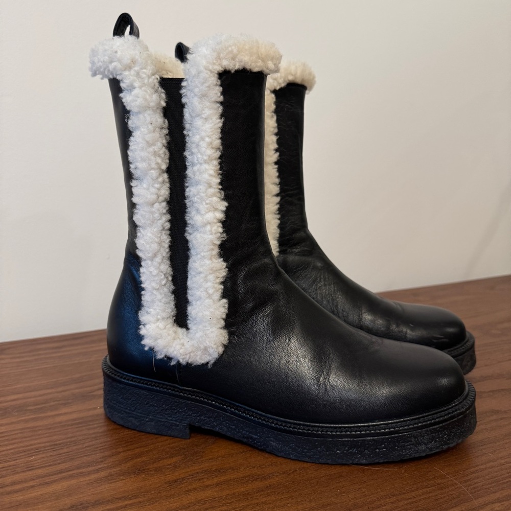 STAUD Palamino Black Leather Chelsea Boots with Shearling Trim